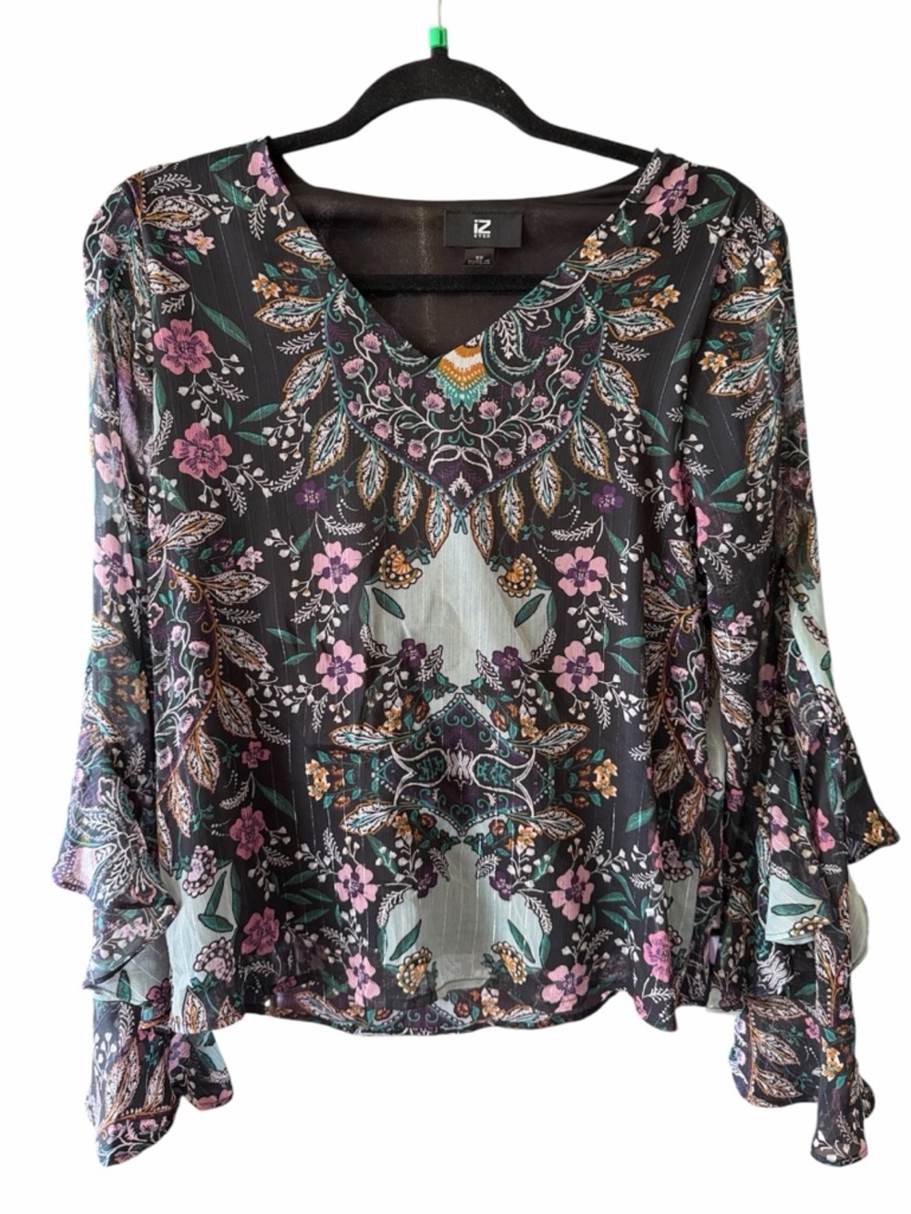 Floral V-Neck Blouse in Black with Pink Floral Print size XS - Picture 2 of 7